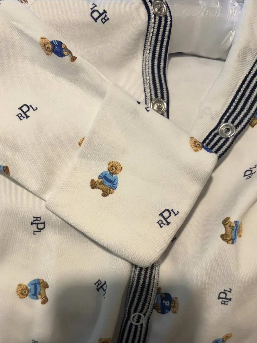 Ralph Lauren White Footed One-Piece with Navy Trim and Bear Print 9 months